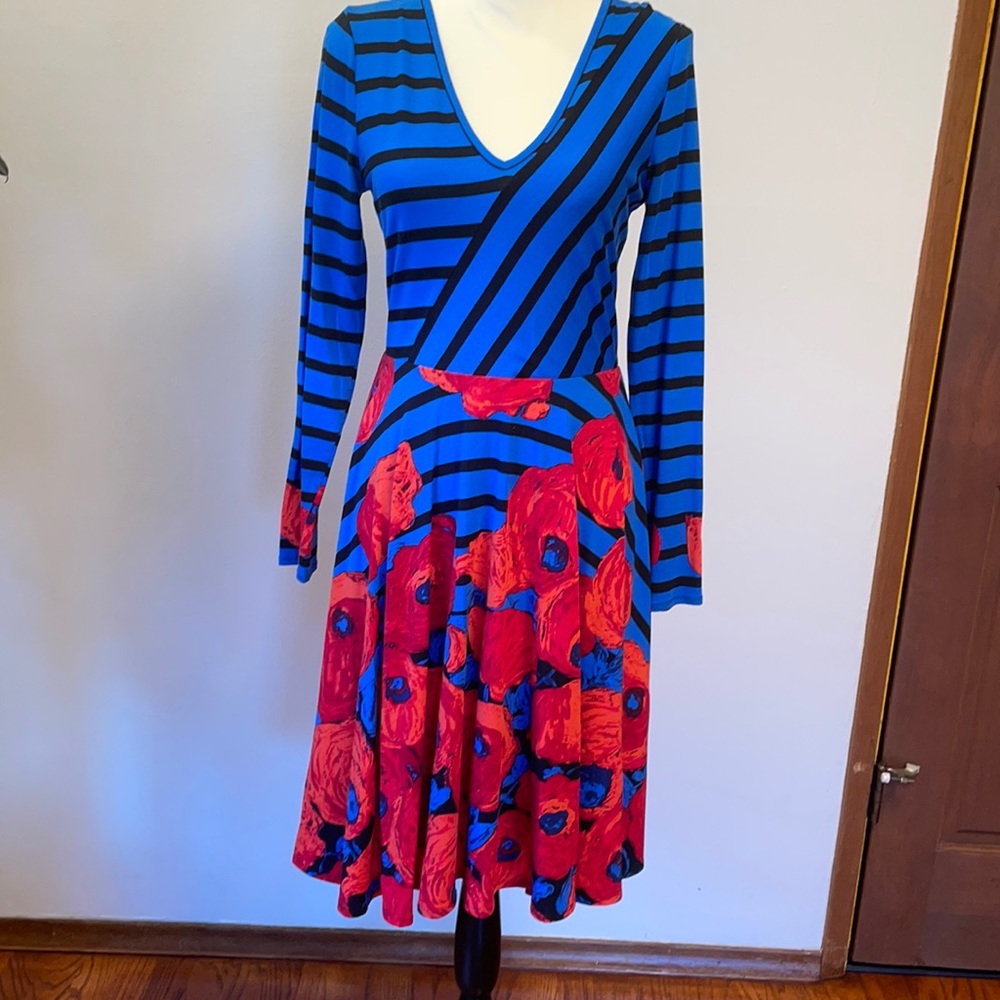 Tracy Reese for Anthropologie dress, blue stripes with red flowers, size M